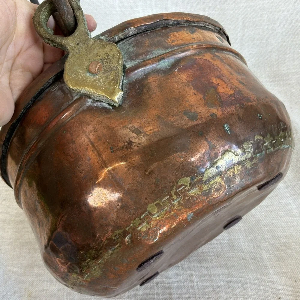 Antique Hand-Hammered Copper Cauldron w/ Wrought Iron Bail‎ Handle 8